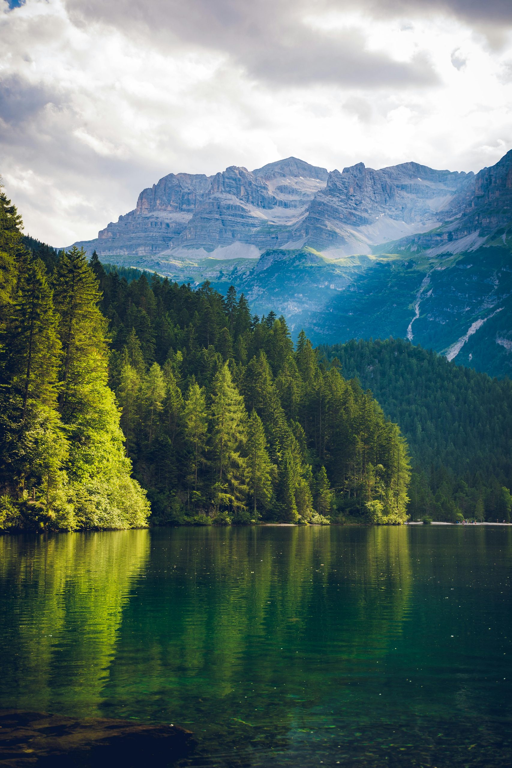 Green trees reflecting on the lake with blue mountains behind