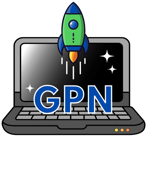 Rocket ship shooting upward from an open laptop, with GPN letters sitting on the keyboard